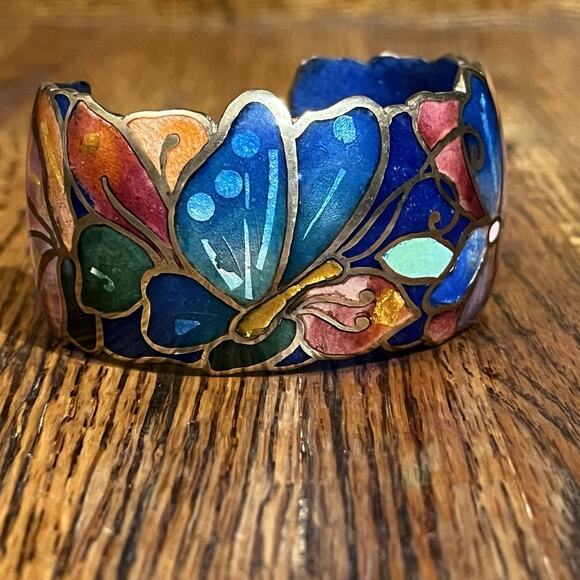 Vintage Signed David Kuo Champleve Enamel Cuff Bracelet Cloisonné Butterfly - Picture 2 of 16